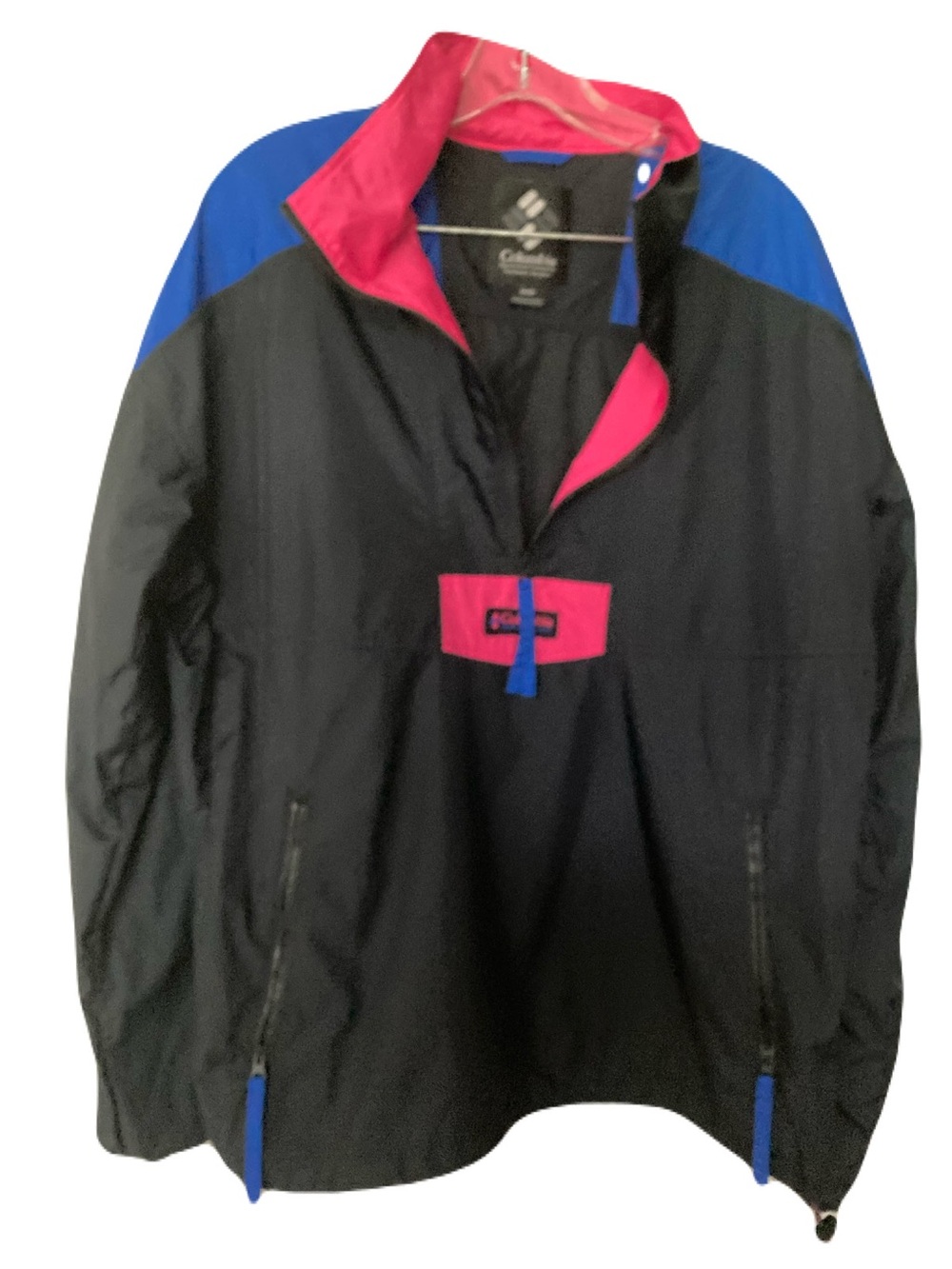 Columbia Men's Black Windbreaker with Blue Shoulders & Pink Trim